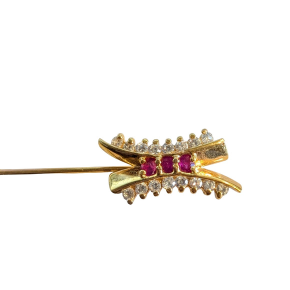 Gorgeous Red & Clear CZ Gold Tone Stick Pin - Picture 2 of 7